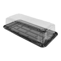 LOG CAKE/DELI CONTAINER - 14 x 7 - LONG RECTANGULAR BLACK BASE - 3 1/2  TALL - 100/CASE - Wow Plastics, Inc.