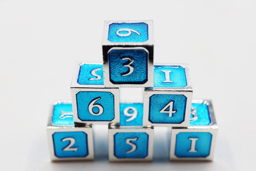 Foambrain Games 4261 6 piece Metal D6s - Blue and Silver