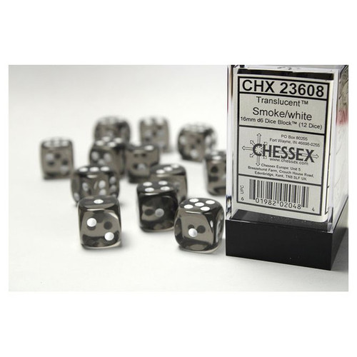 Chessex 23608 Translucent Smoke/White 16mm D6 Dice Block (12 Dice)