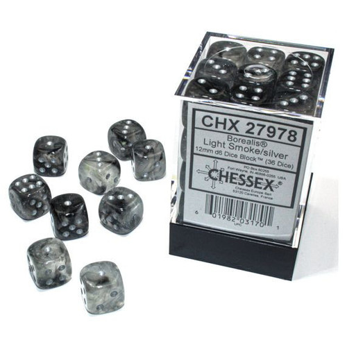 Chessex 27978 Borealis Light Smoke/Silver Luminary 12mm D6 Dice Set (36 Dice)