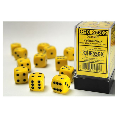 Chessex 25602 Opaque Yellow/Black 16mm D6 Set (12 Dice)