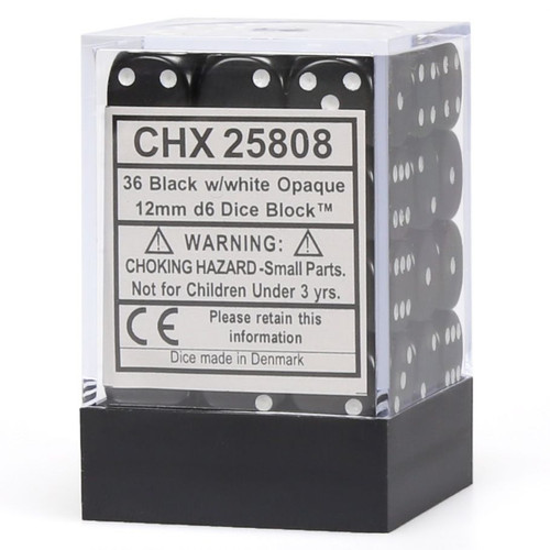 Chessex 25808 Opaque Black/White 12mm D6 Set (36 Dice)