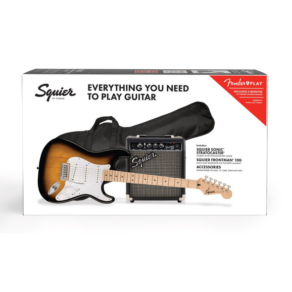 Squier Sonic Stratocaster Pack, Maple Fingerboard in 2-Color Sunburst, Gig Bag, Squier Frontman 10G Amplifier