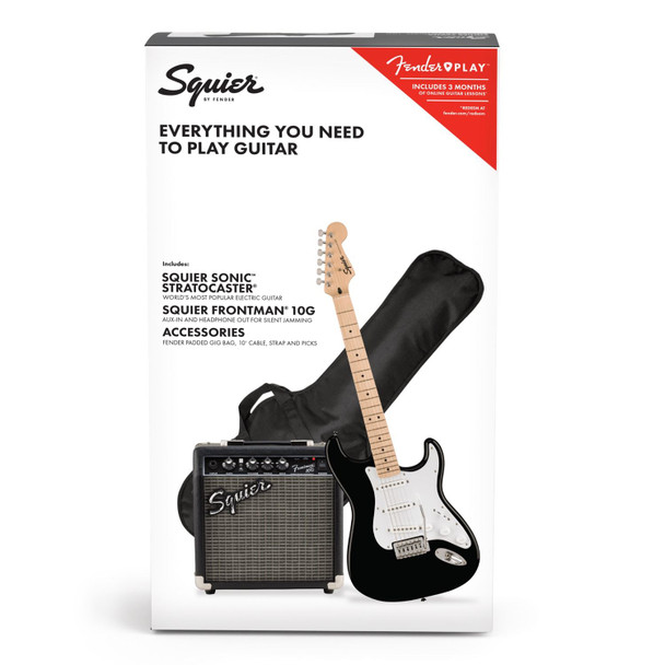 Squier Sonic Stratocaster Pack, Maple Fingerboard in Black, Gig Bag, Squier Frontman 10G Amplifier