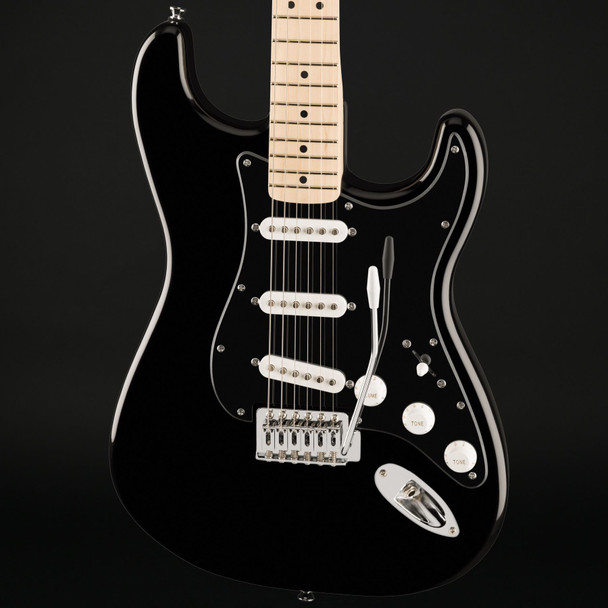 Squier FSR Squier Sonic Stratocaster, Maple Fingerboard, Black Pickguard, White Plastic Parts in Black