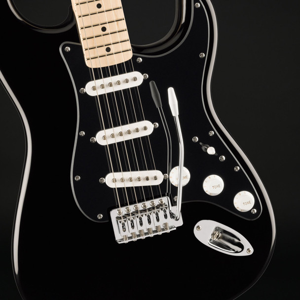 Squier FSR Squier Sonic Stratocaster, Maple Fingerboard, Black Pickguard, White Plastic Parts in Black