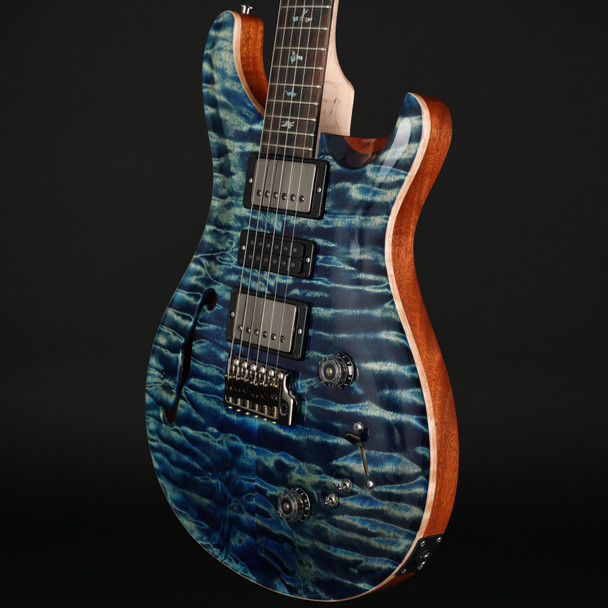 PRS Wood Library Special Semi-Hollow 10-Top Quilt, Flame Maple Neck in River Blue with Black Paisley Case #0379108