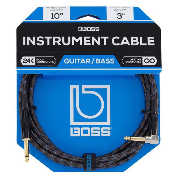 Boss 10ft / 3m Instrument Cable, Angled/Straight 1/4" jack