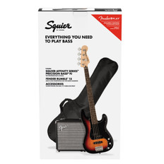 Squier Affinity Series Precision Bass PJ Pack, Laurel Fingerboard in 3-Color Sunburst w/Gig Bag, Rumble 15 Amplifier