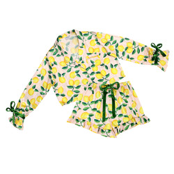 Long Sleeve Cropped Ruffled Top + Ruffled Short with Velvet Ties - Pink Stripe + Lemons - Adult Size