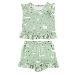 Two-Piece Short Sleeve + Shorts Ruffle Set - Green Safari + Dots