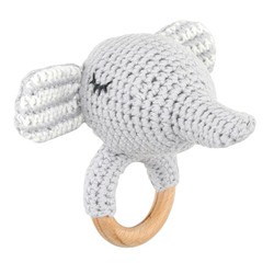 Knit Plush Rattle + Wood Ring - Elephant
