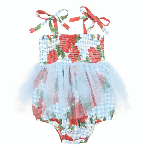 Tutu Bubble Romper - Blue Gingham + Red Roses
