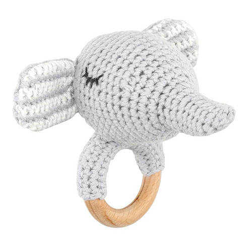 Knit Plush Rattle + Wood Ring - Elephant