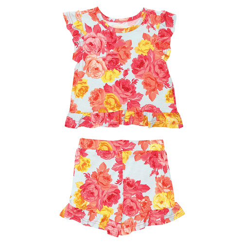 Two-Piece Short Sleeve + Shorts Ruffle Set - Rose Floral