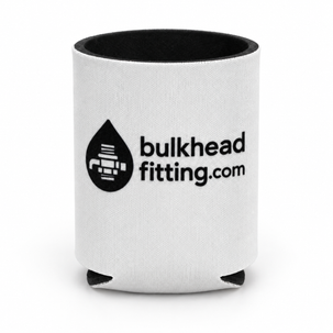 White BulkheadFitting.com can cooler with black logo