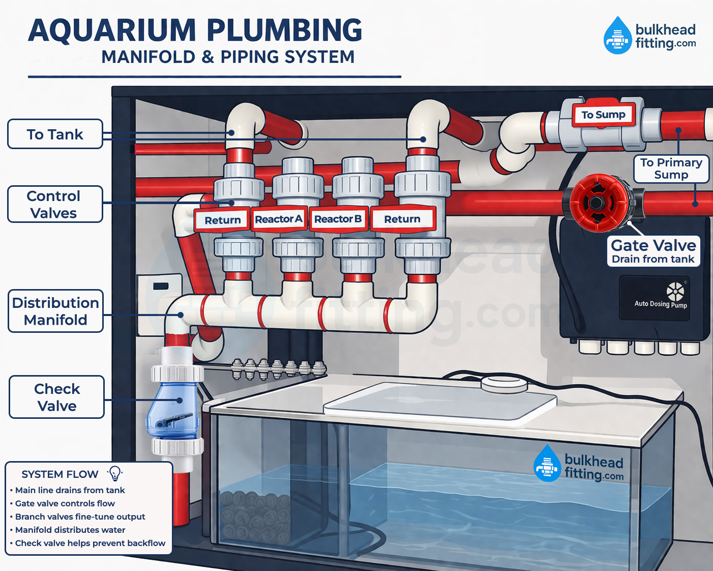 Aquarium manifold plumbing system diagram showing return lines, reactor feeds, gate valve, and sump connection