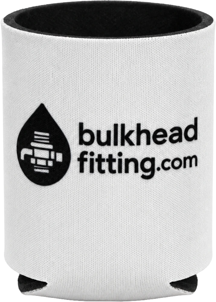 White BulkheadFitting.com can cooler with black logo