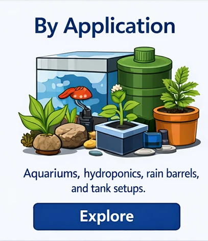 Bulkhead fittings by application for aquariums, hydroponics, rain barrels, and tanks