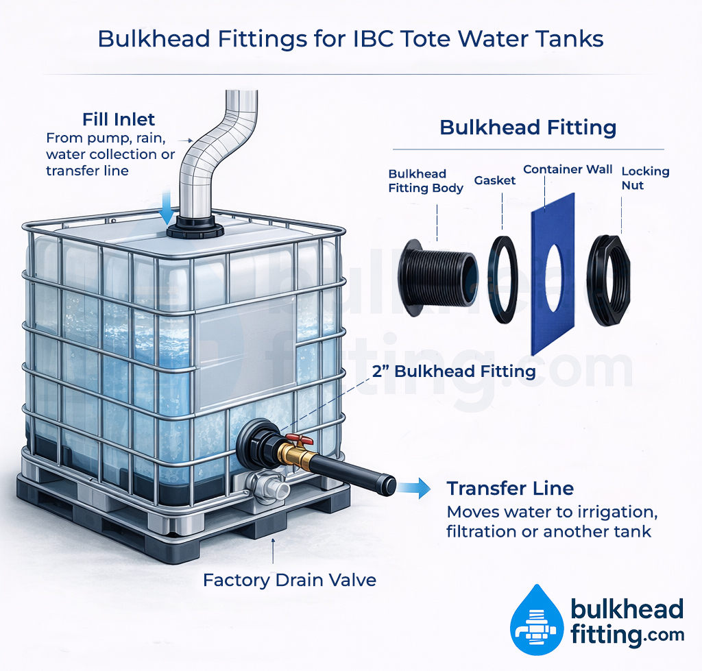 IBC tote water tank plumbing diagram showing 2 inch bulkhead fitting installation