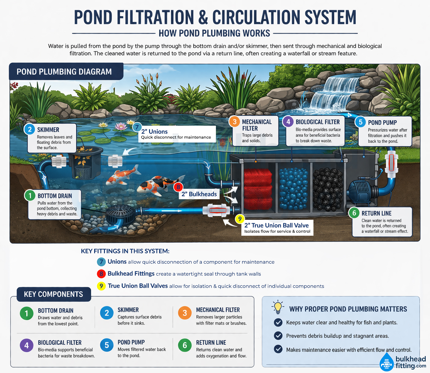 Pond filtration and circulation system diagram showing bottom drain, skimmer, mechanical filter, biological filter, pump, and return line with bulkhead fittings and unions