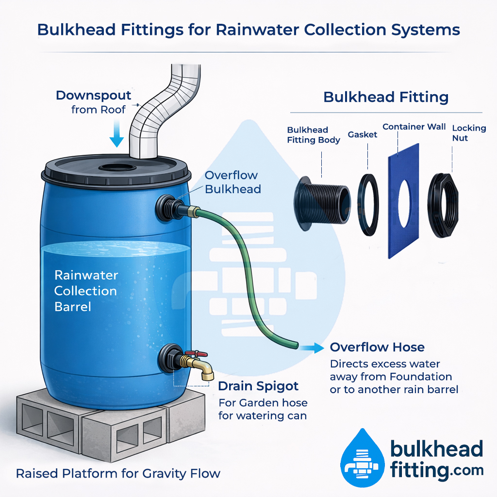 rain barrel plumbing diagram showing bulkhead fitting overflow outlet