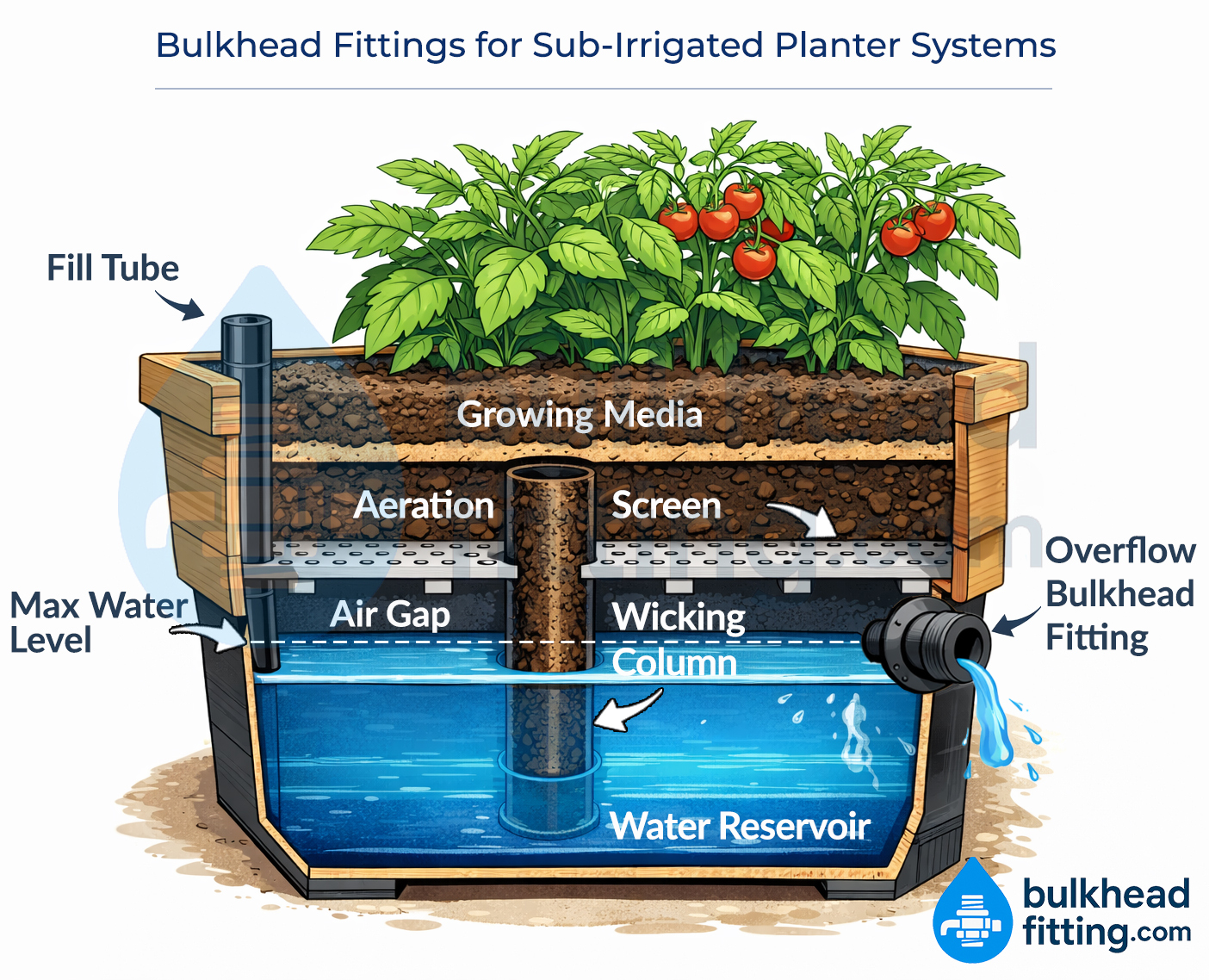 Sub-irrigated planter SIP overflow bulkhead fitting diagram
