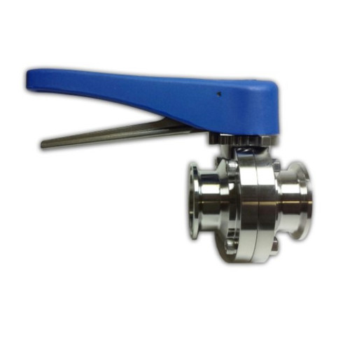 L-Style Sanitary Butterfly Valve 304 Stainless Clamp Ends 1.5" Blue Plastic Handle EPDM Seat