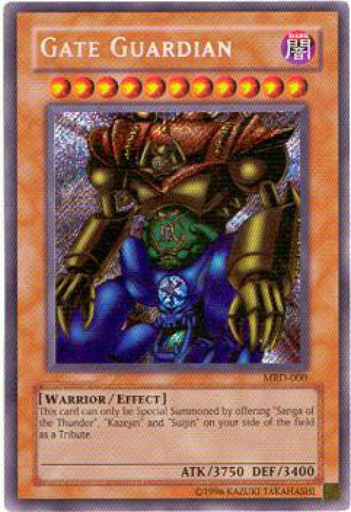 gate guardian yugioh card Guardian's ATK/DEF are each equal to half the combined original ATK and DEF of the three monsters its made up of. I saw a few of you mention this in the TRADING CARD GAME Gate Guardian 1st Edition -