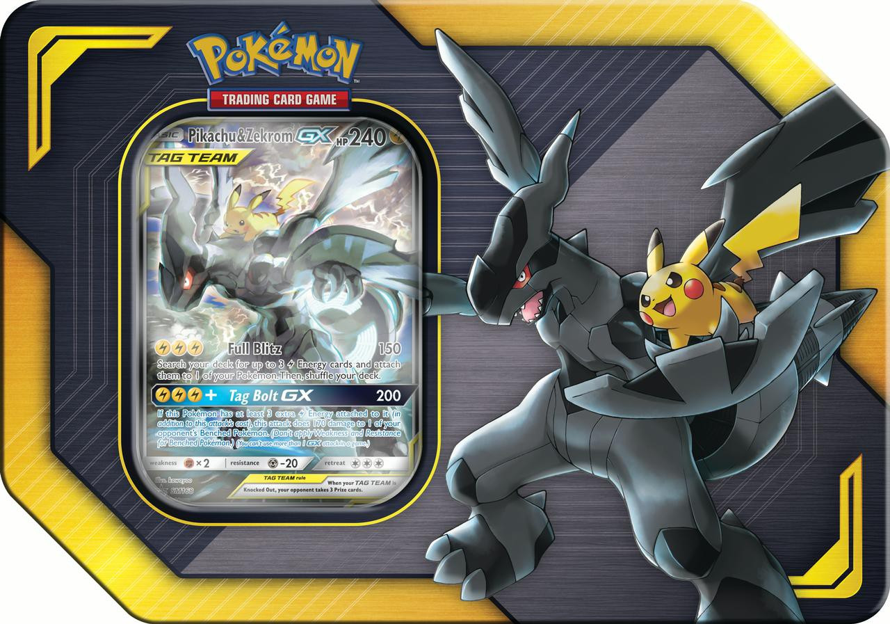Pokemon 2019 GX Tag Team Pikachu Zekrom-GX Tin Set 4 Booster Packs