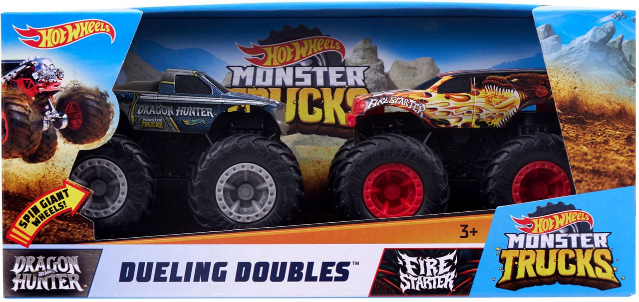 Hot Wheels Monster Trucks Rev Tredz Dueling Doubles Dragon Hunter Fire Starter 143 Vehicle 2 Pack Mattel Toys Toywiz - custom monster truck roblox