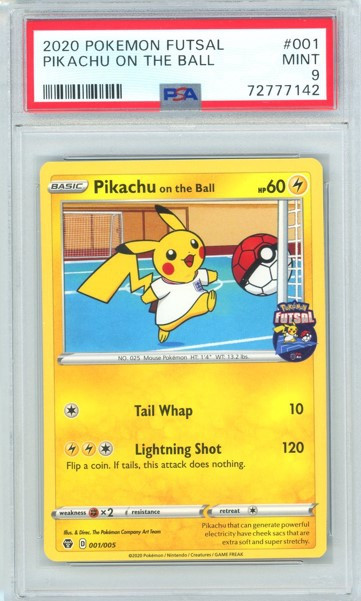 pokemon pikachu futsal card on the Ball - 001/005 (Pokemon Futsal) born from an unexpected collaboration between two of the worlds most beloved brands Pikachu on the Ball Gold