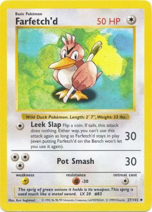 Pokemon Base Set Uncommon Farfetch'd #27 Shadowless Lightly Played、ToyWiz、kayou