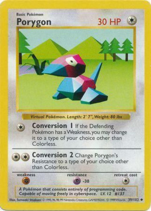 Pokemon Base Set Uncommon Porygon #39 Shadowless Moderately Played、ToyWiz、kayou