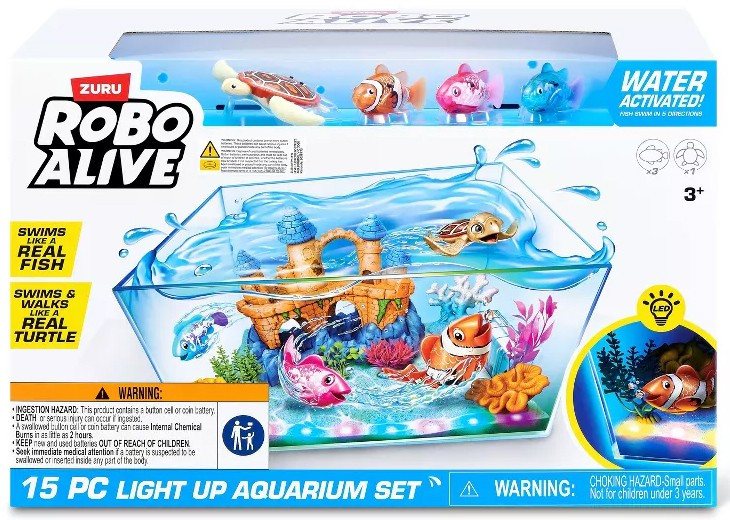 Robo Alive Light Up Aquarium Set 15-Piece Playset Includes 3 Fish, 1 Turtle、ToyWiz、kayou