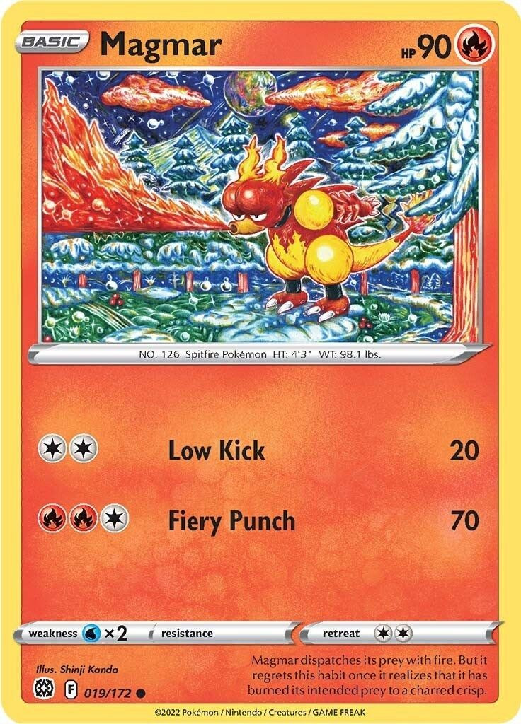 Pokemon Trading Card Game Sword & Shield Brilliant Stars Common Magmar #19 Reverse Holo Lightly Played、ToyWiz、kayou