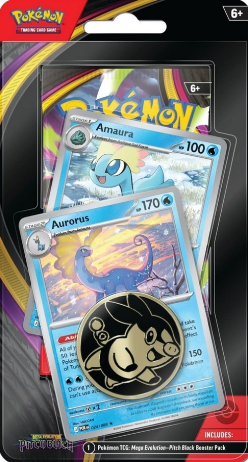 Pokemon Mega Evolution Pitch Black Amaura & Aurorus Checklane BLISTER Pack 1 Booster Pack, 2 Promo Cards + Coin、ToyWiz、kayou