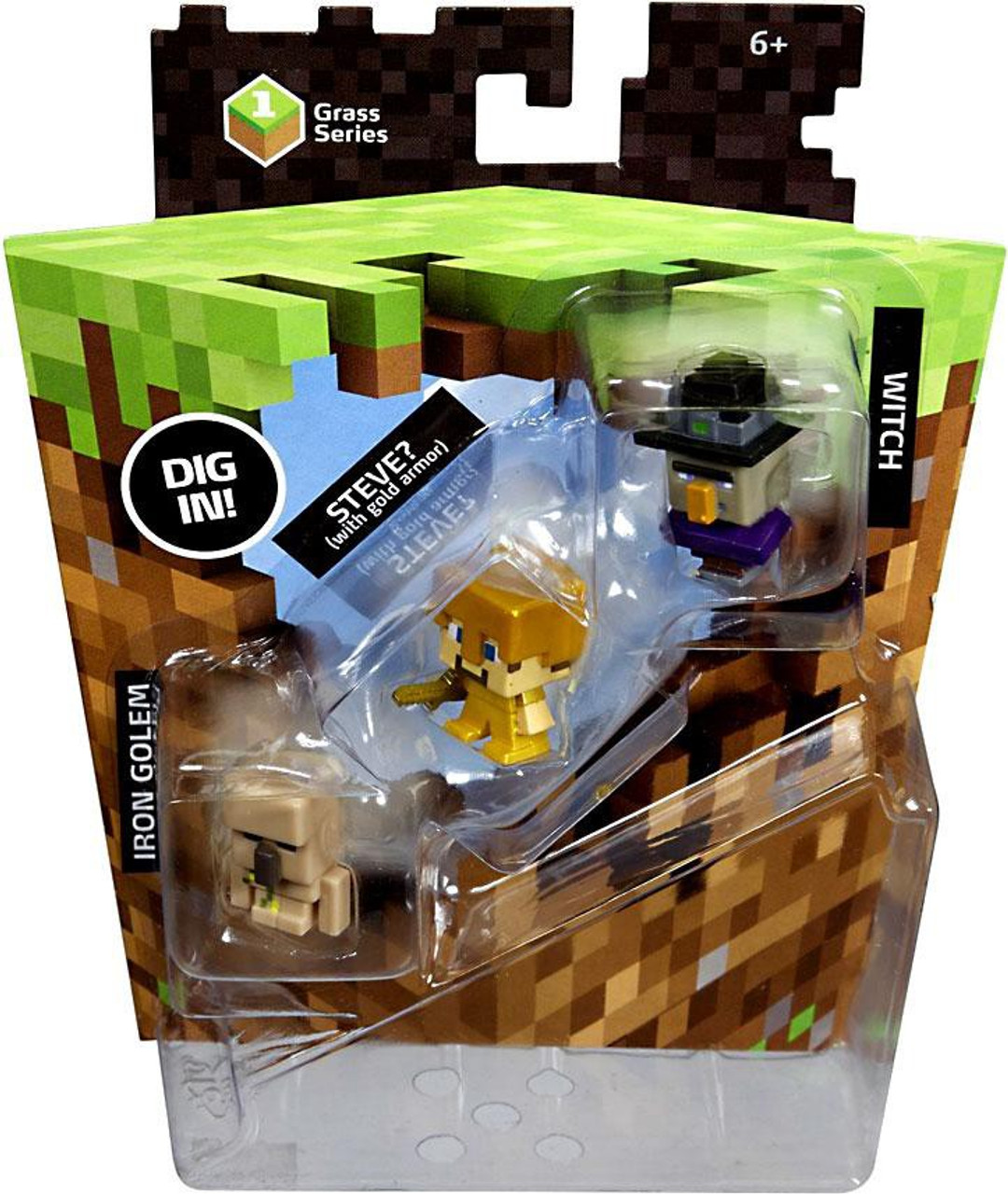 Minecraft Grass Series 1 Witch Gold Armor Steve Iron Golem Mini Figure 3 Pack Mattel Toys Toywiz - golden skeleton armor shirt roblox