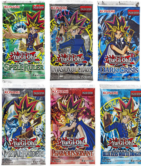 YuGiOh Trading Card Game Invasion of Chaos, Blue Eyes White Dragon, Dark Crisis, Metal Raiders, Spell Ruler & Pharaoh's Servant COMBO of 6 Booster Packs