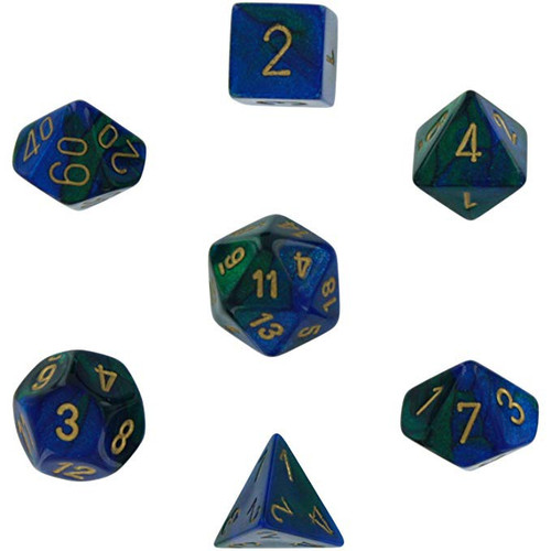 DICE Chessex Gemini Blue Green Dice with Gold Numbers Polyhedral 7-Die