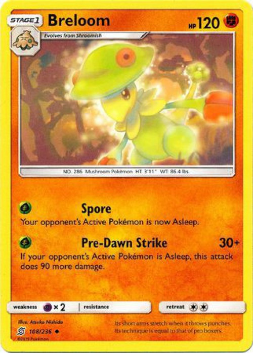 mushroom pokemon card Trading Game Sun Moon Unified Minds Single Card Uncommon Breloom 108 Pokémon Hit Points90 HP Form Amoonguss (Obsidian Flames 10) -