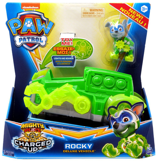 Paw Patrol Mighty Pups Charged Up Rocky Deluxe Vehicle Spin Master - ToyWiz