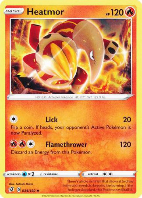 pokemon card heatmor - 34/192 - Rebel Clash variation to centering Heatmor 026 - Reverse Holofoil