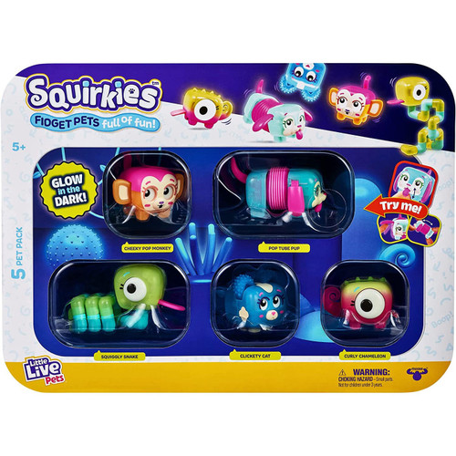 Little Live Pets Squirkies Cheeky Pop Monkey, Pop Tube Pup, Squiggly Snake,  Clickety Cat & Curly Chameleon Figure 5-Pack