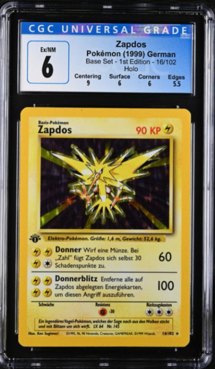 Pokemon Base Set Single Card Rare Holo Zapdos 1st Edition German 16 CGC -  ExNM 6 4091084055 - ToyWiz