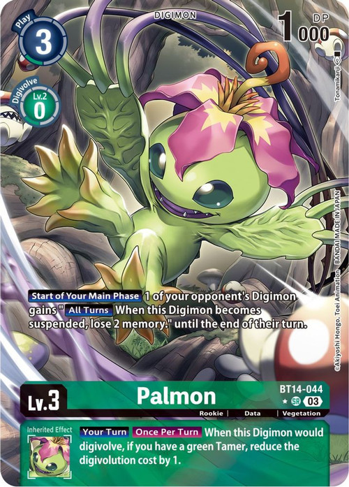 palmon digimon card BT22-044 巴魯獸 – BAN-TYO TCG Card TypeDigimon FormRookie ColorGreen Play Cost3 DP1000 Level3 Digivolve Lv.2/ 0 Attribute / Type Data / Vegetation Card Effect[On Play] Reveal 3 cards from the top of your deck Palmon - BT11-047 C -