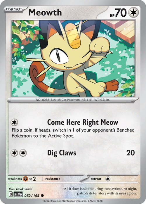 Pokemon Scarlet Violet 151 Single Card Common Meowth 52 - ToyWiz