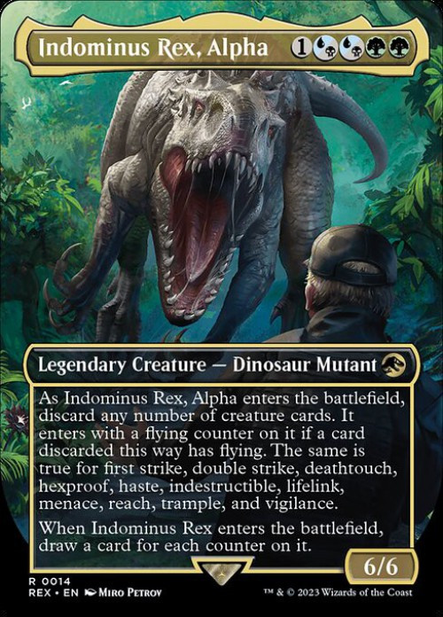 Magic The Gathering The Lost Caverns of Ixalan Jurassic World Collection Single Card Rare Indominus Rex, Alpha 14 Borderless FOIL - ToyWiz Magic The Gathering The Lost Caverns of Ixalan Jurassic World Collection Single Card Rare Indominus Rex, Alpha 14 Borderless FOIL - ToyWiz