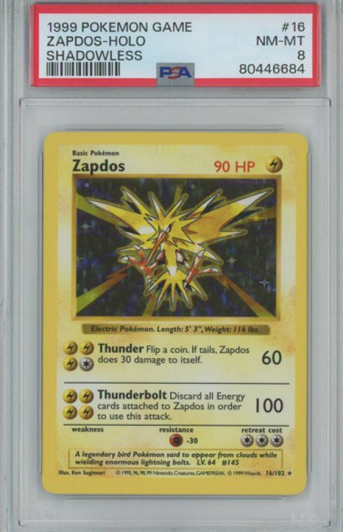 Pokemon Base Set Zapdos Rare Holo Graded Card 16 Shadowless PSA 8
