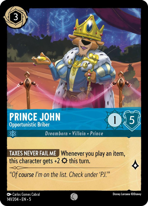 Disney Lorcana Trading Card Game Shimmering Skies Common Prince John -  Opportunistic Briber #141